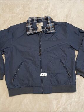 L.L. Bean Men's Navy Lightweight Zip Jacket with Plaid Collar